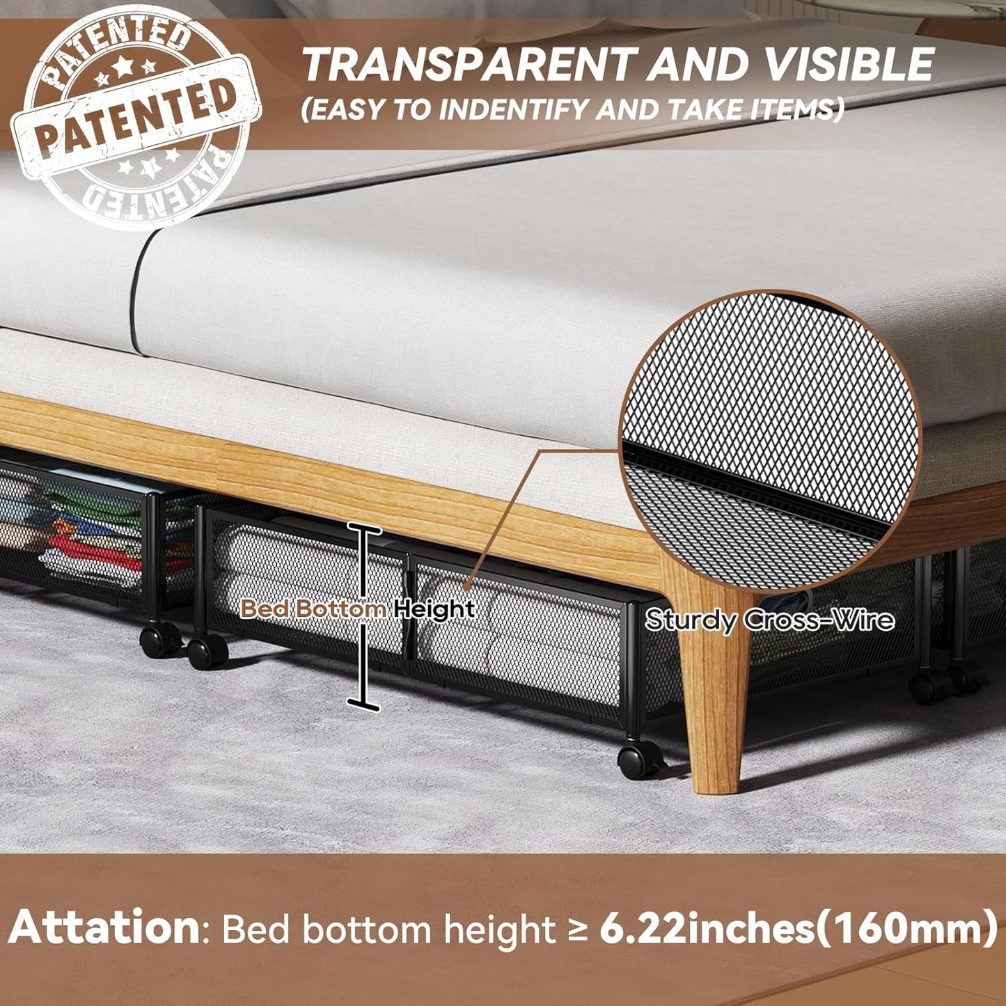 PHINOX Under Bed Storage Containers with Wheels, Under Bed Shoe Storage Organizer Drawer, Tool-free Assembly Metal Storage Containers for Bedroom Clothes Shoes Blankets -2PCK