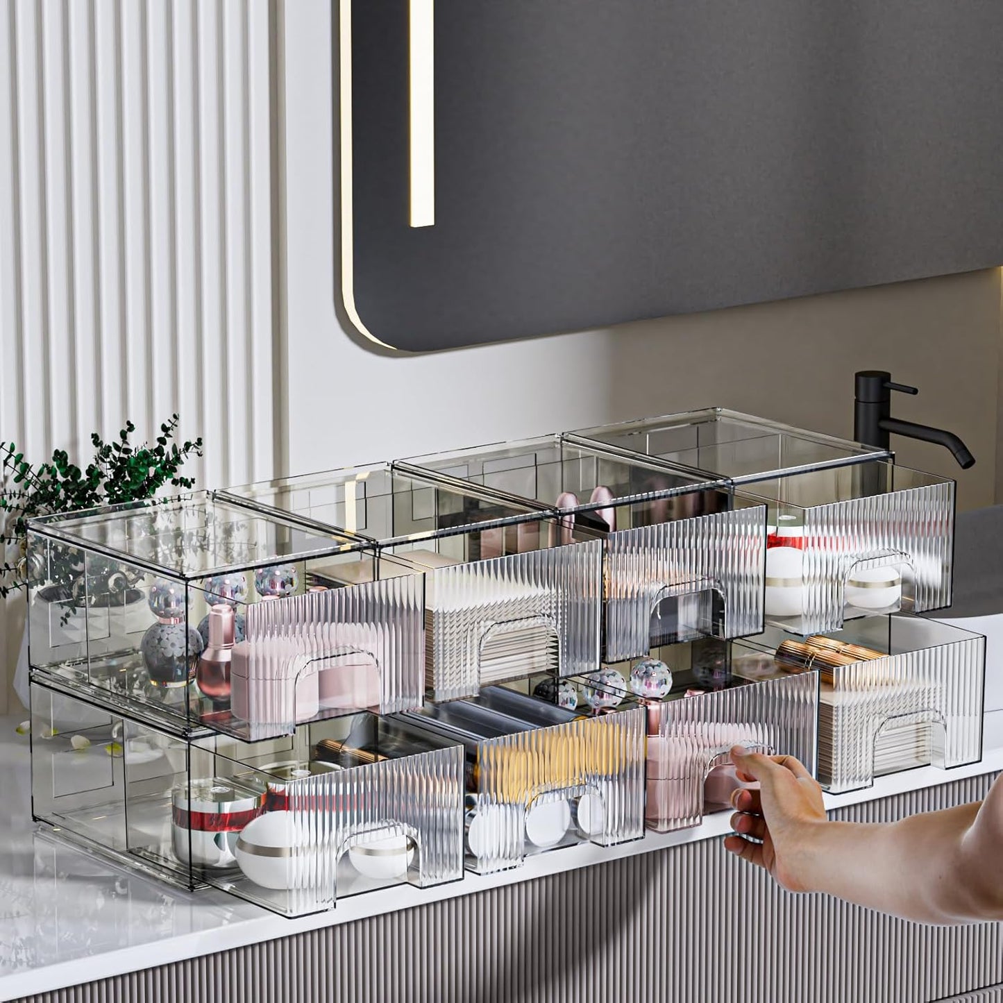 ZHIAI 8 Pack Clear Stackable Storage Drawer, Acrylic Drawer, Cosmetic Organizer, Plastic Organizer for Dresser, Under, Kitchen Cabinet, Pantry, Home Organization and Storage