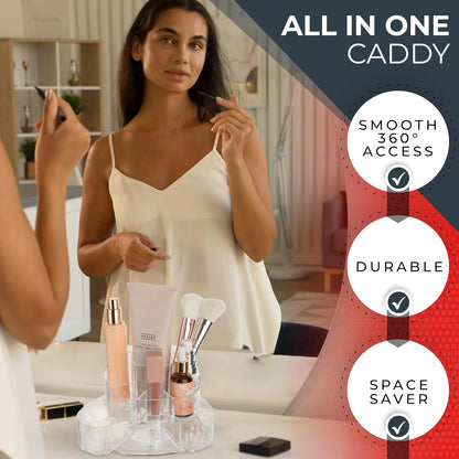 Masirs Small 360 Rotating Makeup Organizer - Mini Yet Spacious Cosmetic Storage Solution with Multiple Compartments - The Perfect Spinning Make-Up Caddy for Vanity or Bathroom Counter (Round - Clear)
