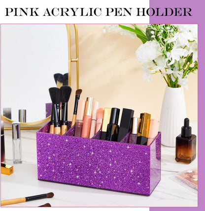 Jetec Acrylic Pen Holder 6 Compartments Makeup Brush Stationery Organizer Pencil Holder for Desk Accessories, Cosmetic Brushes, Dorm, Home, Bathroom, Kitchen, Office Supplies(Neon Pink)