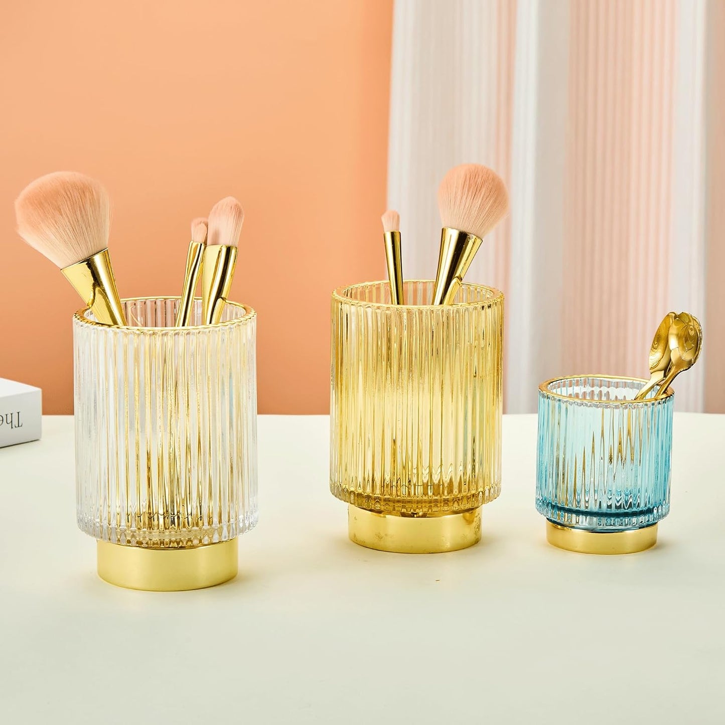 Makeup Brush Holder Organizer,Toothbrush Holders,Desk Pen Pencil Holder,Multifunctional Vintage Glass Brush Cup（L/Green/A3-6-US）