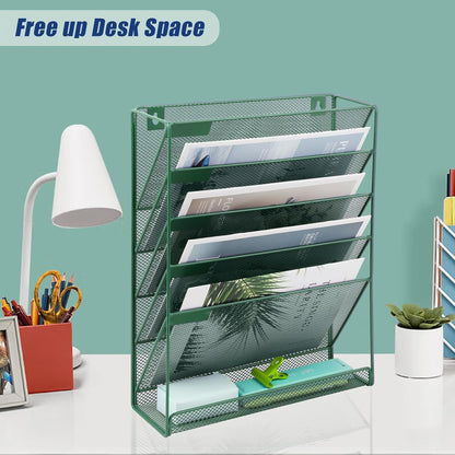 EASEPRES Desk File Organizer Mesh 6-Tier, Hanging Wall Mount Document Organization Stand, Desktop Vertical Mail Paper Folder Holder Rack with Bottom Tray for Office Home Cubicle Countertop, Black