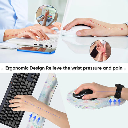Ergonomic Keyboard Mouse Pad Wrist Rest Support Set for Laptop/Computer/Desktop,Memory Foam Hand Rest Wrist Cushion for Gaming/Office,Lightweight Comfortable & Pain Relief (Flowers)