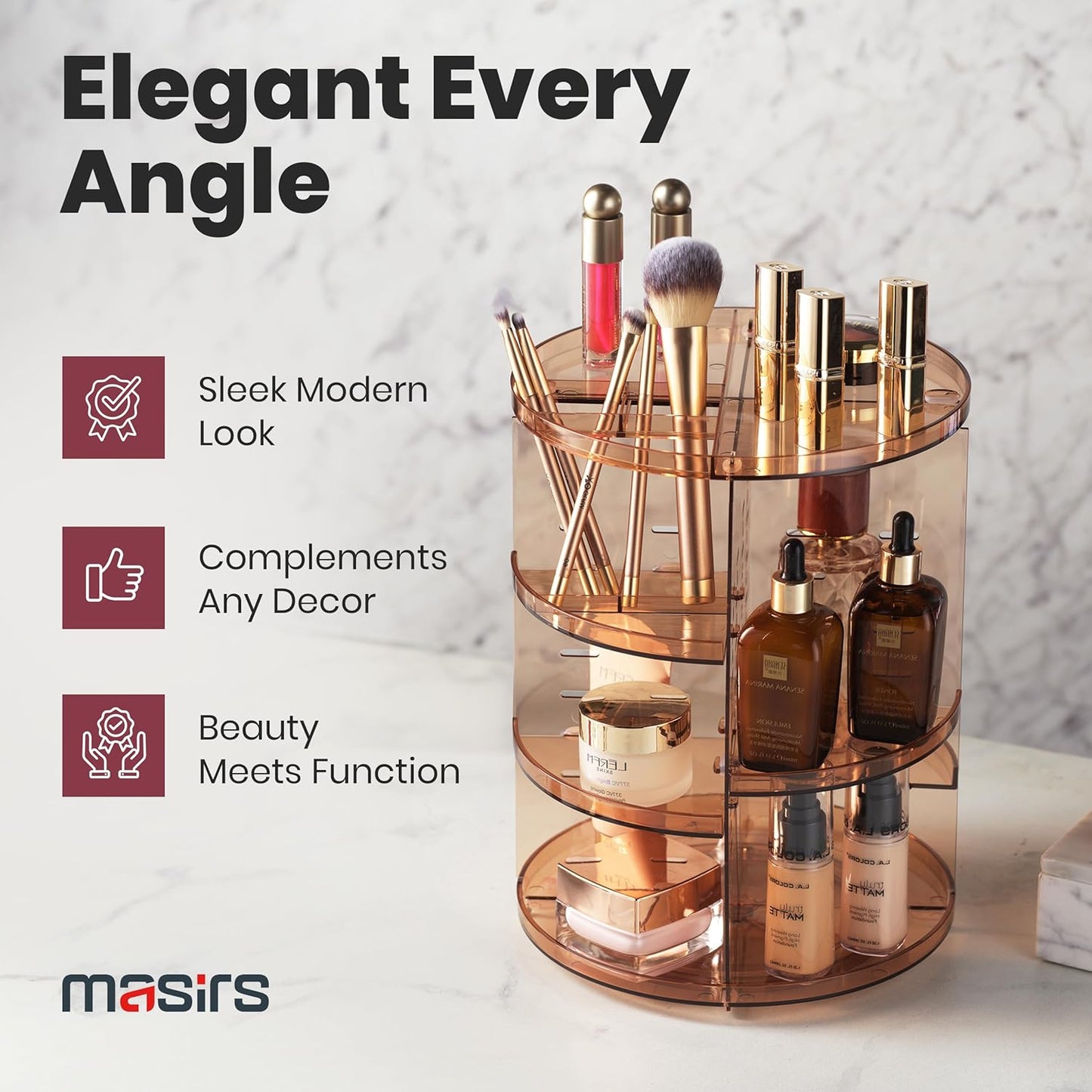 Masirs Small 360 Rotating Makeup Organizer - Mini Yet Spacious Cosmetic Storage Solution with Multiple Compartments - The Perfect Spinning Make-Up Caddy for Vanity or Bathroom Counter (Round - Clear)