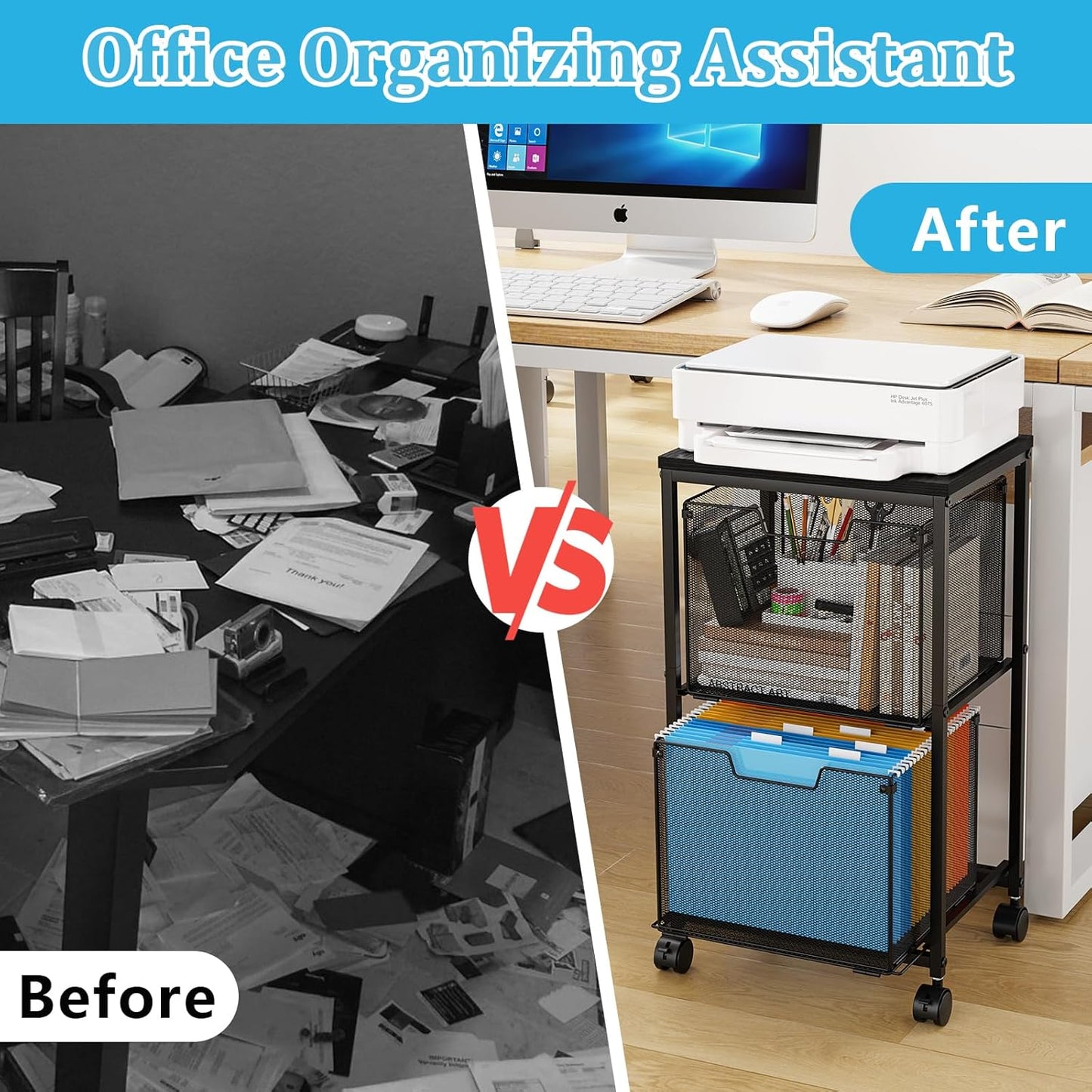 Sbanmao Rolling File Cart with 2 Storage Drawers, Mobile File Cabinet with Wheels, Hanging File Folder Organizer, Under Desk Storage, Printer Stand Utility Cart Filing Cabinet for Home Office,Black