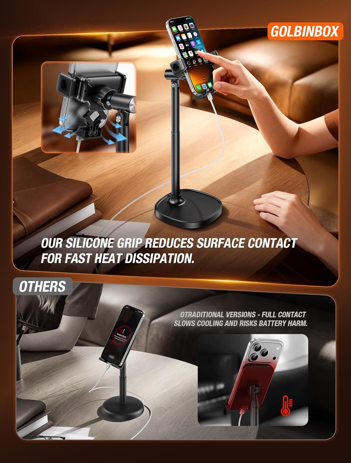 GolbinBox Phone Stand for Desk - Quick Release, Adjustable Height & Angle, 180° Flip & 360° Rotation, Universal Desktop Holder for iPhone, Samsung, Android