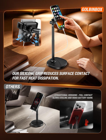 GolbinBox Phone Stand for Desk - Quick Release, Adjustable Height & Angle, 180° Flip & 360° Rotation, Universal Desktop Holder for iPhone, Samsung, Android