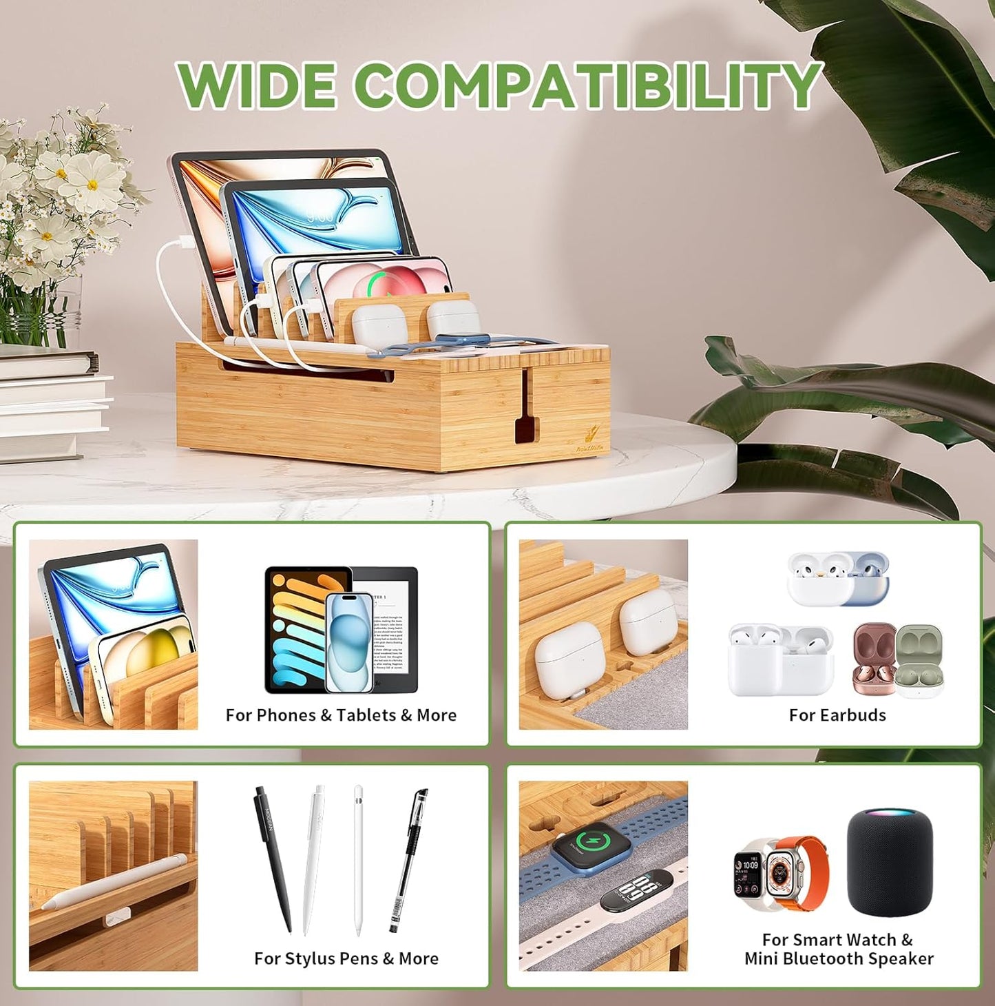 Pezin & Hulin Bamboo Charging Station for Multiple Devices, USB Charger Dock Organizer, with Power Supply (10 Ports HUB), 6 Cables, Cable Management Organizer for Cell Phones, Tablets -Natural+White