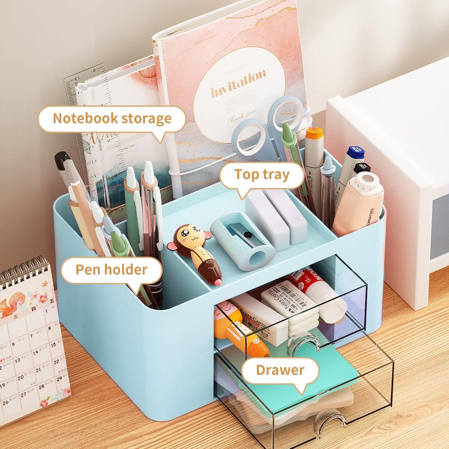 Marbrasse Pen Organizer with 2 Drawer, Multi-Functional Pencil Holder for Desk, Desk Organizers and Accessories with 5 Compartments + Drawer for Office Art Supplies (White)