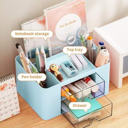 Marbrasse Pen Organizer with 2 Drawer, Multi-Functional Pencil Holder for Desk, Desk Organizers and Accessories with 5 Compartments + Drawer for Office Art Supplies (White)