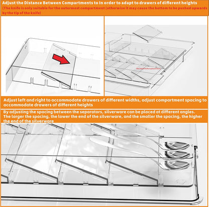 Yieach Clear Expandable Silverware Drawer Organizer - Adjust From 11'' to 22'' - Knife,Cutlery,Spoons and Forks Organizer,Large 8 Grid Flatware,Silverware Tray,Utensil Organizer for Kitchen Drawers