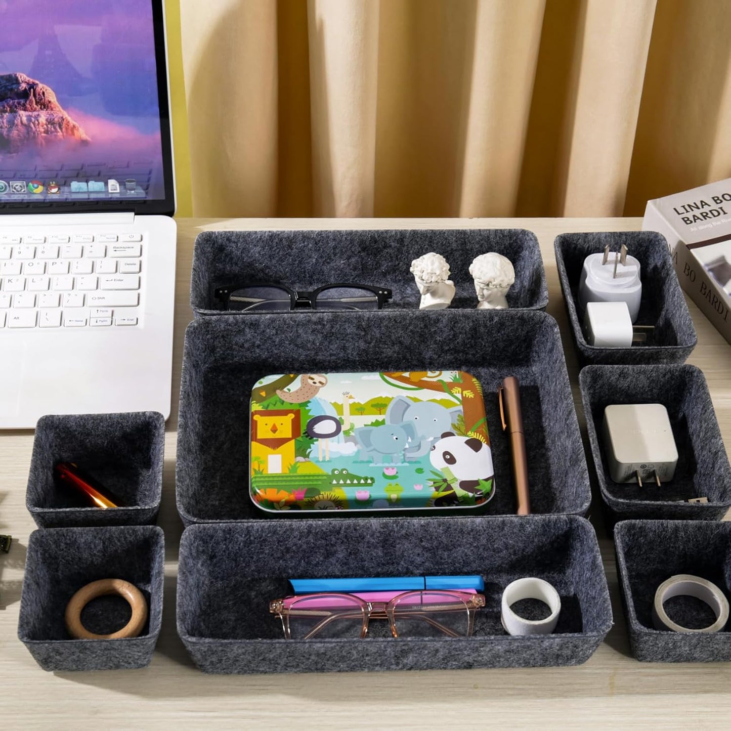 Desk Drawer Organizer Bins, 8pcs Felt Shallow Bathroom Storage Trays, Office Accessories & Workspace Organizers Jewelry & Makeup Boxes Containers(Black)