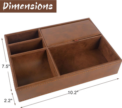Zcaukya Men's Valet Tray, Jewelry Box Nightstand Organizer with 5 Compartments for Phone Keys Wallet Watch Glasses, Faux Leather Dresser Entryway Catchall Holder for Father's Day Gift (Black)