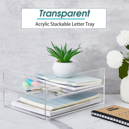 Yulejo 2 Pcs Acrylic Desk Organizers and Accessories Tier Paper File Organizer Tray Stackable Document Clear Desk Accessories for Office Workspace Organization (12.01 x 9.25 x 2.68 Inch)