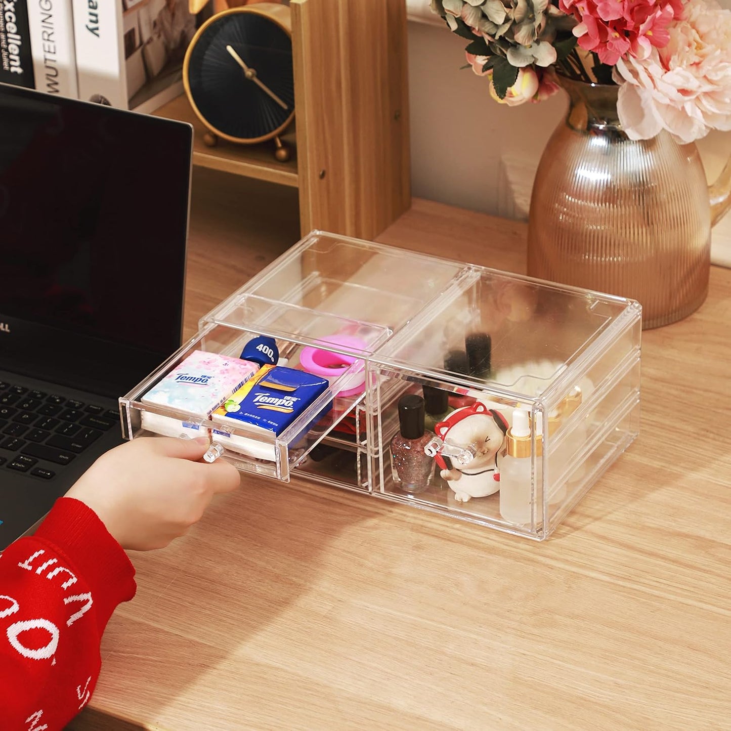 Cq acrylic Drawer Organizer with 3 Long Drawers,Stacking Office Supply Organizer and Desk Pen Storage and Stationary Organizer,Clear Makeup Storage Organizer for Palettes,Cosmetic, Beauty for Vanity