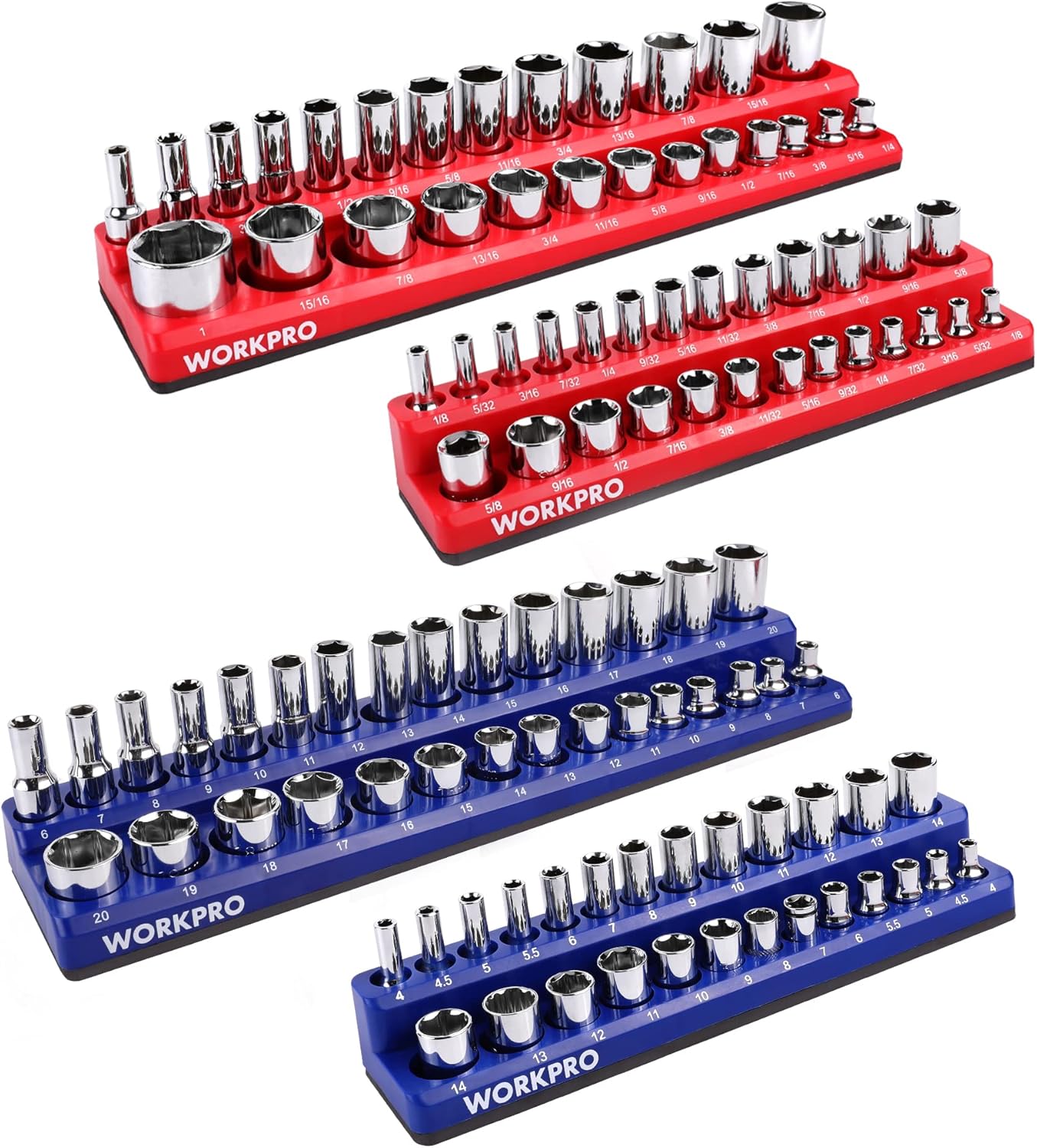 WORKPRO Magnetic Socket Organizer Set, 6-Piece Socket Holder Set Includes 1/4", 3/8", 1/2" Drive Metric SAE Socket Trays, Holds 143 Pieces Sockets, Christmas Gift for Men(Socket not Included)