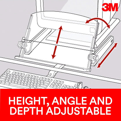 3M Adjustable Document Copy Holder, In-line with Monitor Minimizing Head and Neck Movement, 300 Sheet Capacity Holds Sheets to Books, Elastic Line Guide Keeps Pages Open, 18" Wide, Black (DH640)