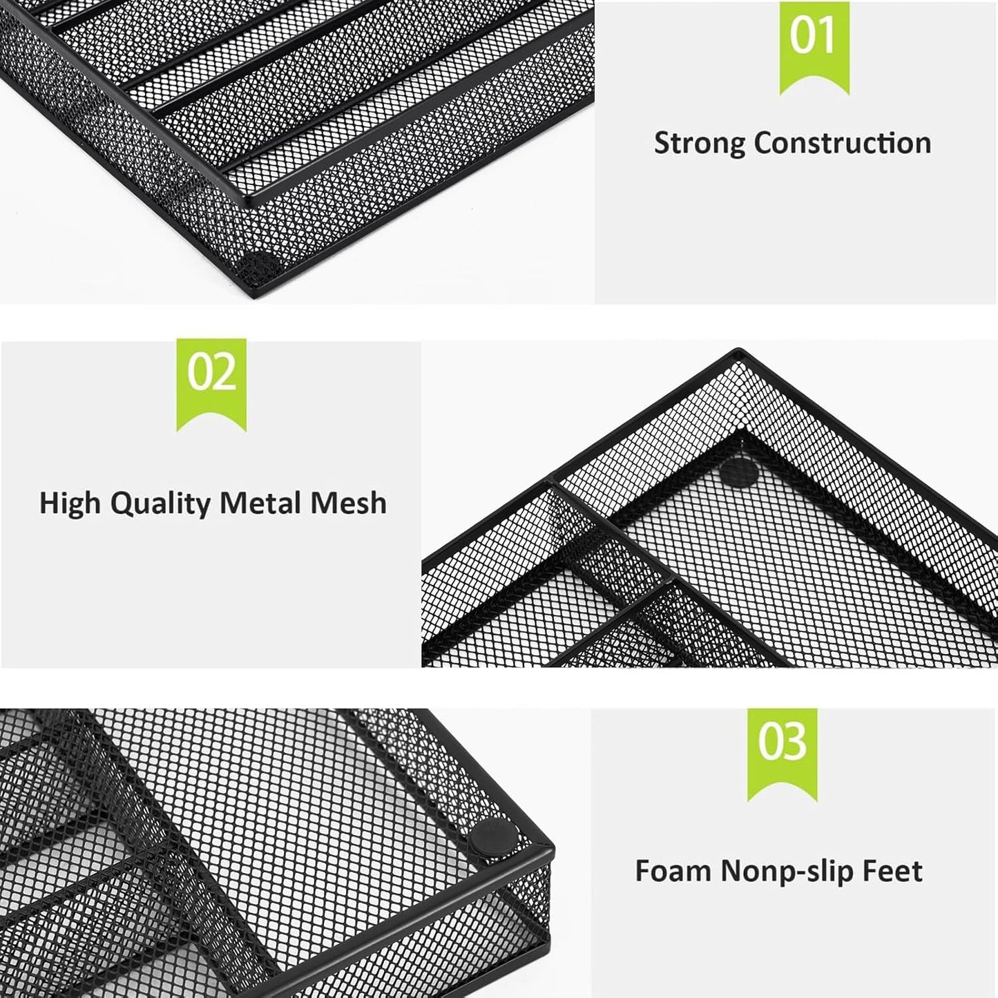 Neudeco Drawer Organizer Set 6 Pack - 5-Compartment Silverware Organizer Tray + 5 Utensil Trays, Kitchen Drawer Organizer for Flatware, Cutlery, Office Supplies, Black Mesh, Non-Slip.