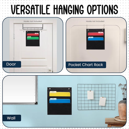 Essex Wares - 7 Pocket File Pocket Chart, Black, Tall - Versatile Wall Hanging File Folder Organizer for Classroom, Office, Home, and More - Wall Folder Organizer - 7 Pockets