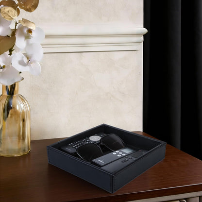 HofferRuffer Faux Leather Vanity Tray, Elegant Desktop Storage Organizer, Decorative Catchall for Perfume, Bathroom Valet, Nightstand or Dresser, Black, 10.2 x 8.4 x 1.8 Inches