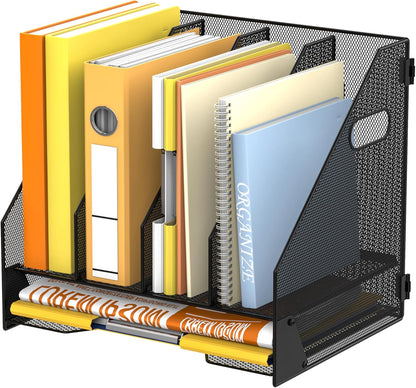 DALTACK Magazine File Holder, 5 Vertical Compartments Rack Binder Holder with Paper Tray, Metal Magazine Organizer for Office, Home, School (Black)
