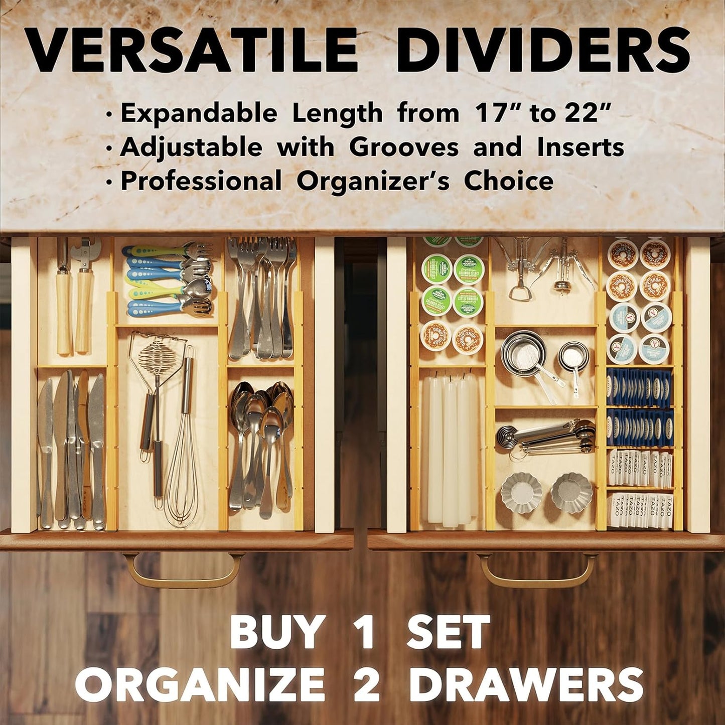 SpaceAid Bamboo Drawer Dividers with Inserts and Labels, Kitchen Adjustable Drawer Organizers, Expandable Organization for Home, Office, Dressers, 4 Dividers with 9 Inserts (17"-22" Natural)