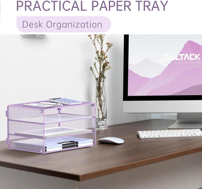 DALTACK 3 Tier Letter Tray Paper Organizer for Desk, Mesh Metal Desk File Organizer with Sliding Trays for Letter/A4 Paper, Mail, Bills & Folders, Black