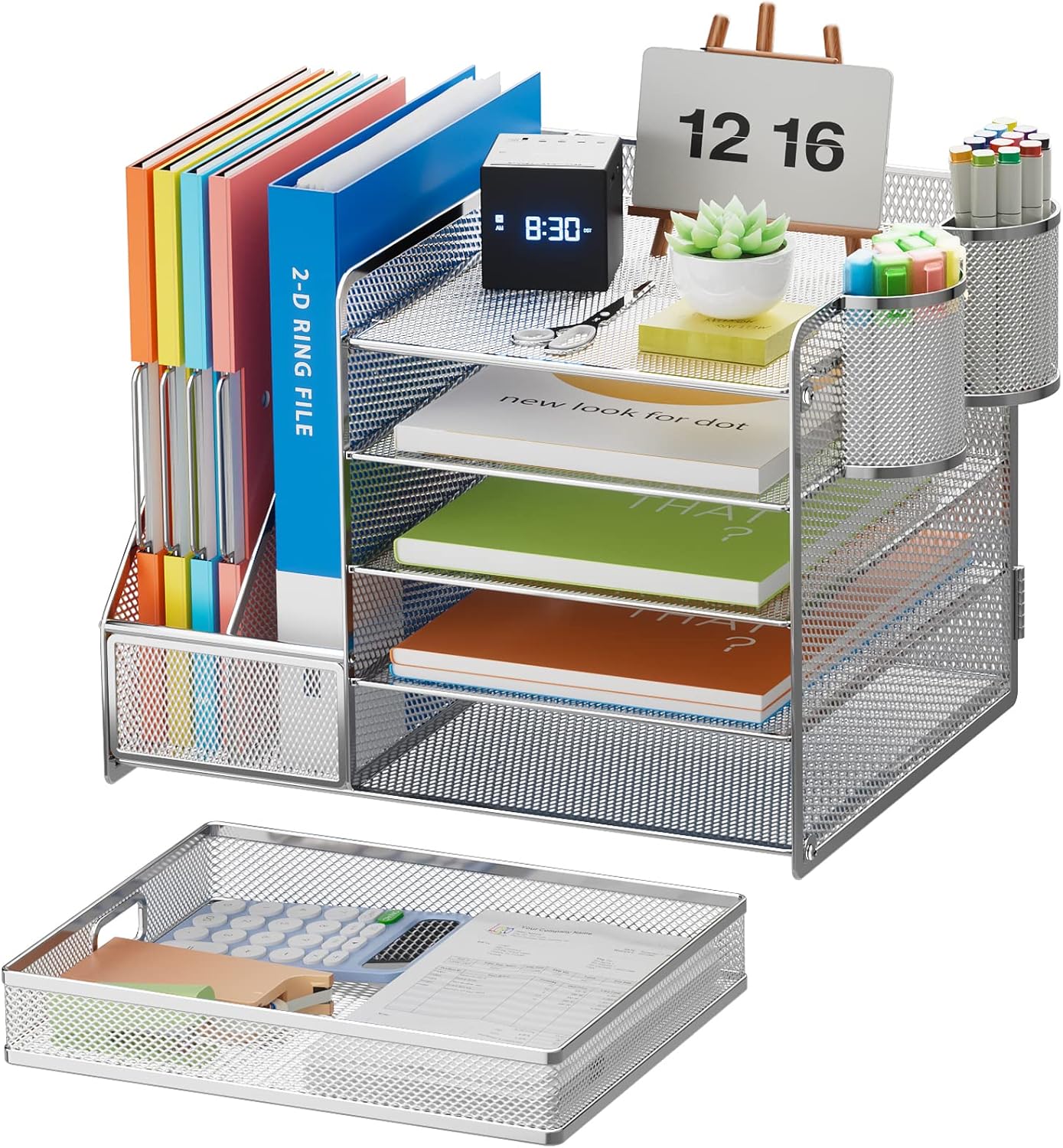 Marbrasse Desk Organizer with File Holder, 5-Tier Paper Letter Tray Organizer with Drawer and 2 Pen Holder, Mesh Desktop Organizer and Storage with Magazine Holder for Office Supplies(Black)