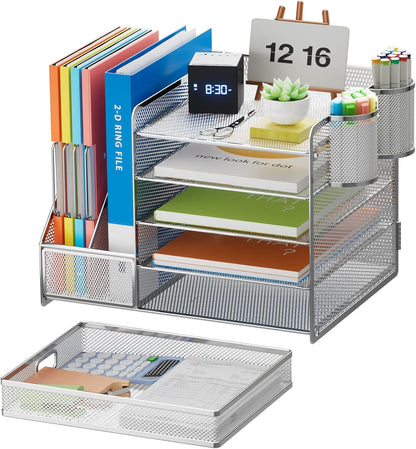 Marbrasse Desk Organizer with File Holder, 5-Tier Paper Letter Tray Organizer with Drawer and 2 Pen Holder, Mesh Desktop Organizer and Storage with Magazine Holder for Office Supplies(Black)