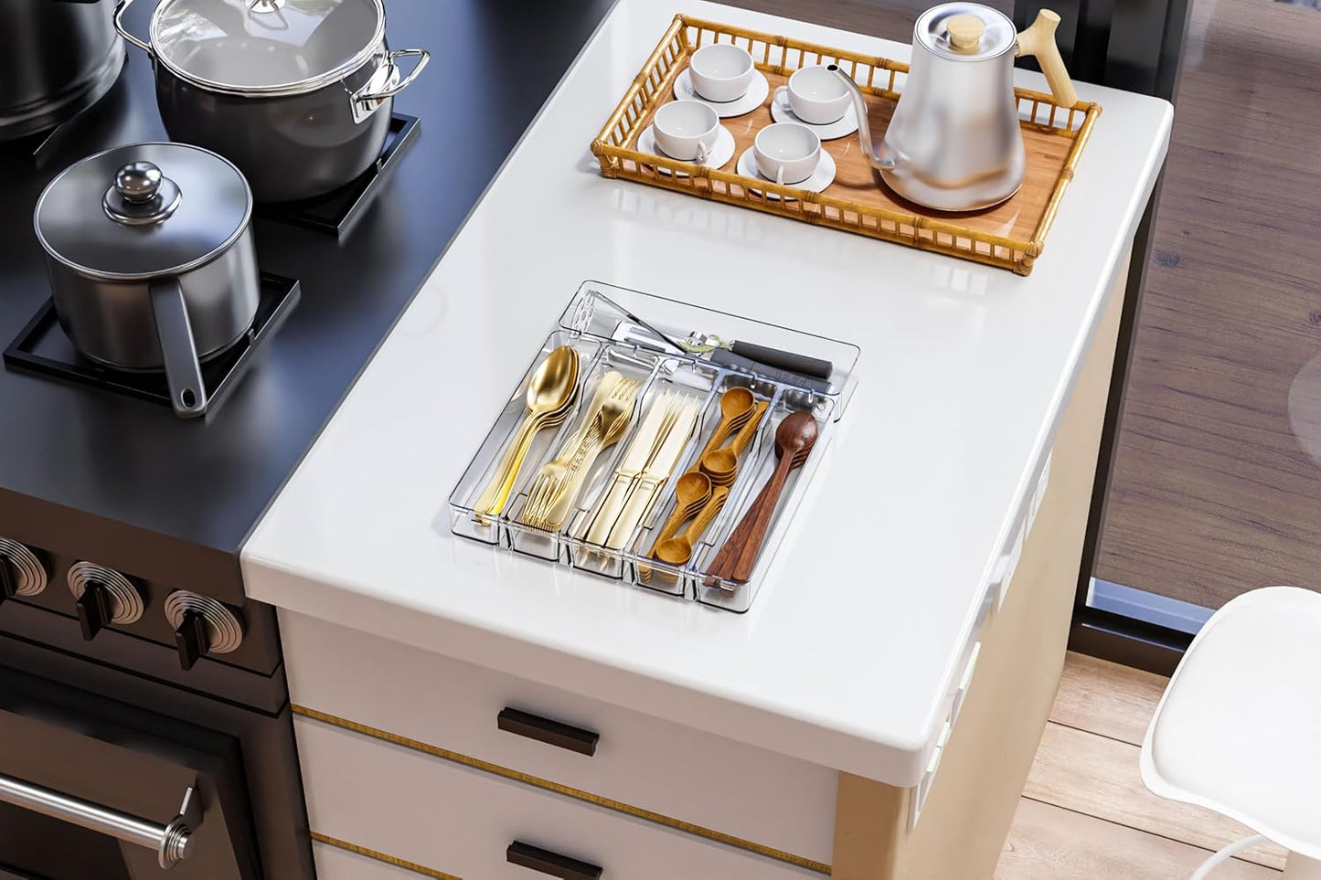 Yieach Clear Small Silverware Organizer 9 inch Wide for Kitchen Drawers,BPA Free Silverware Trays and Plastic Silverware Dividers & Holder,Utensil and Flatware Drawer Organizer Suitable for Fork,Spoon