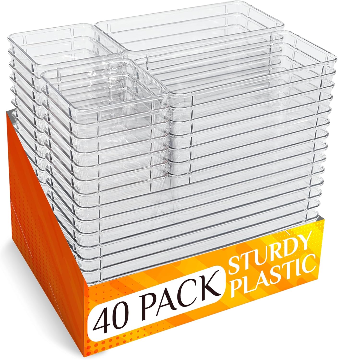40 PCS Clear Drawer Organizer Set, BPA-Free PET Plastic Trays with Non-Slip Pads, Nesting Storage Organizers for Kitchen Drawer, Bathroom, Vanity Makeup, Office Desk