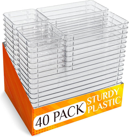 40 PCS Clear Drawer Organizer Set, BPA-Free PET Plastic Trays with Non-Slip Pads, Nesting Storage Organizers for Kitchen Drawer, Bathroom, Vanity Makeup, Office Desk