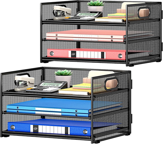 Subekyu 3 Tier Paper Letter Tray Organizer for Desk, Black Metal Mesh Desk File Folder Sorter Organizer with Handle and Sliding Tray for Home, Office, School Supplies Organization Storage