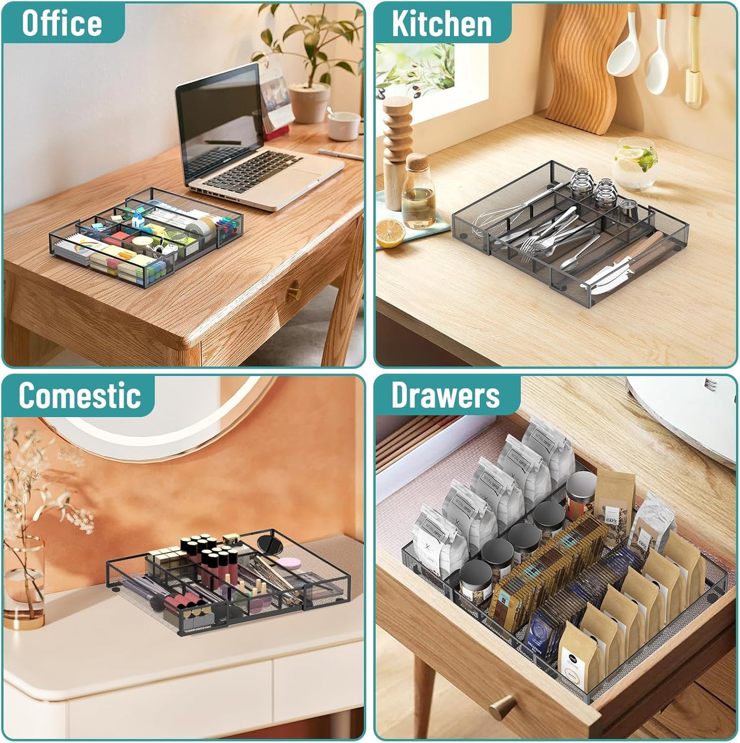 Expandable Desk Drawer Organizer Tray with 10 Adjustable Compartments, Metal Mesh Office Drawer Organizer, Versatile Desk Organizer for Home, School Supplies, Makeup Vanity & Jewelry (Black)