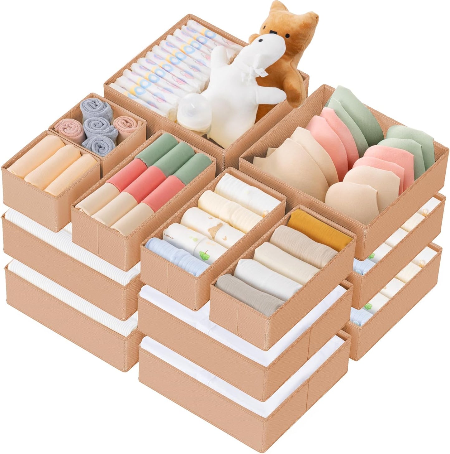 Criusia Drawer Organizer Clothes, 10 Pack Dresser Organizer for Baby Clothes, Underwear, Sock- Foldable Closet Organization and Storage Dividers Bins for Nursery, Bedroom (Beige)