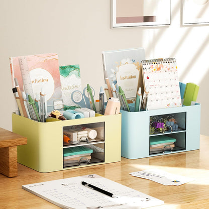 Marbrasse Pen Organizer with 2 Drawer, Multi-Functional Pencil Holder for Desk, Desk Organizers and Accessories with 5 Compartments + Drawer for Office Art Supplies (White)