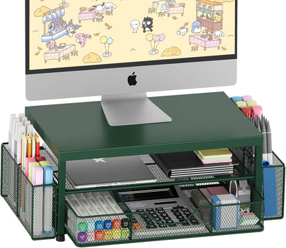 OPNICE Desk Organizer and Accessories, 2-Tier Computer Monitor Stand Riser with Drawer and 2 Pen Holders, Laptop Stand, Office Desk Accessories for Office Supplies, Black