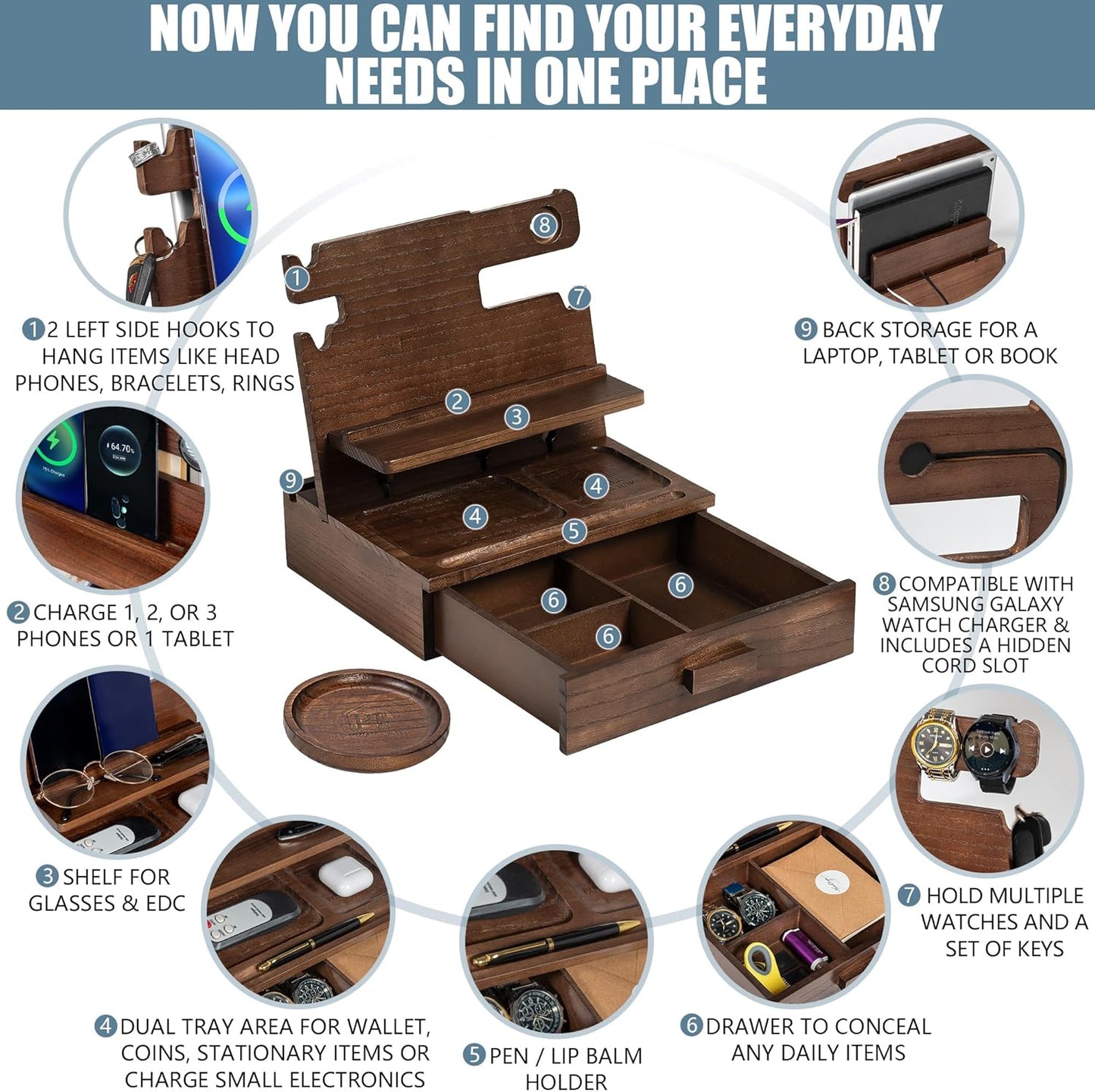 Black Wood Phone Docking Station for up to 3 Phones - Nightstand Organizer with Drawer for Valuables for Men & Women, Compatible With Apple Watch, Holds Phones, Tablets, Keys, Rings, Glasses, EDC