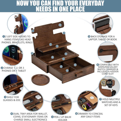 Black Wood Phone Docking Station for up to 3 Phones - Nightstand Organizer with Drawer for Valuables for Men & Women, Compatible With Apple Watch, Holds Phones, Tablets, Keys, Rings, Glasses, EDC