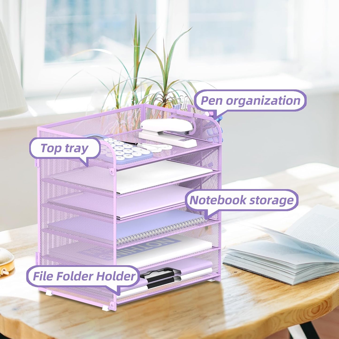 SUPEASY 6 Tier Desk Organizer with 4 Pen Holders, Mesh Paper Organizer Letter Tray with Handle, Desk Organizer Tray File Organizer for A4 File Folder, Black