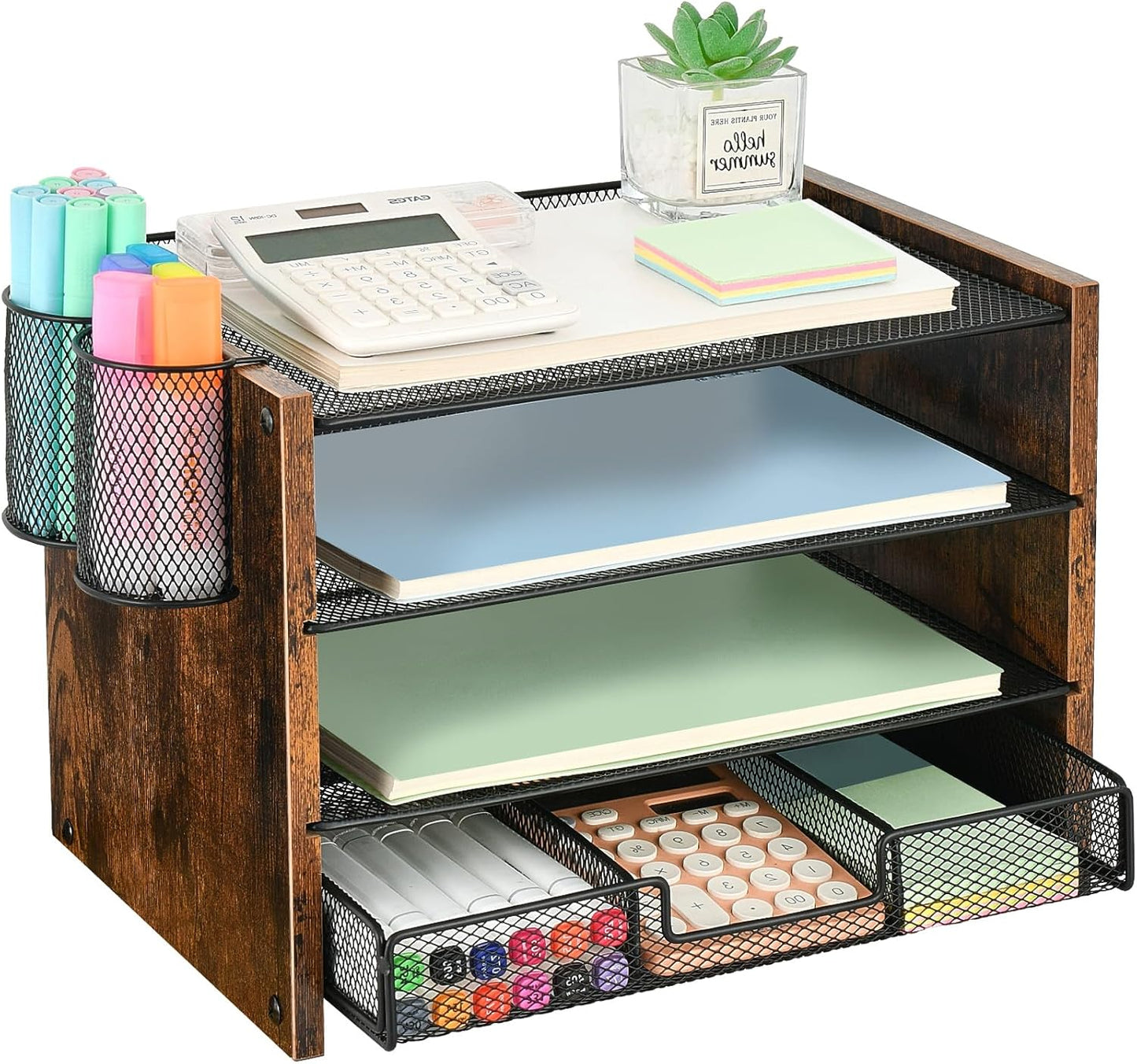 OPNICE Desk Organizers and Accessories, 4-Tier Office Desk Accessories & Workspace Organizers with Drawer and Pen Holder, Desktop Paper Tray File Organizer for Home Office Supplies, Gold