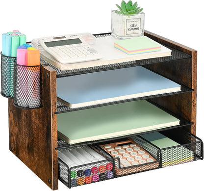OPNICE Desk Organizers and Accessories, 4-Tier Office Desk Accessories & Workspace Organizers with Drawer and Pen Holder, Desktop Paper Tray File Organizer for Home Office Supplies, Gold