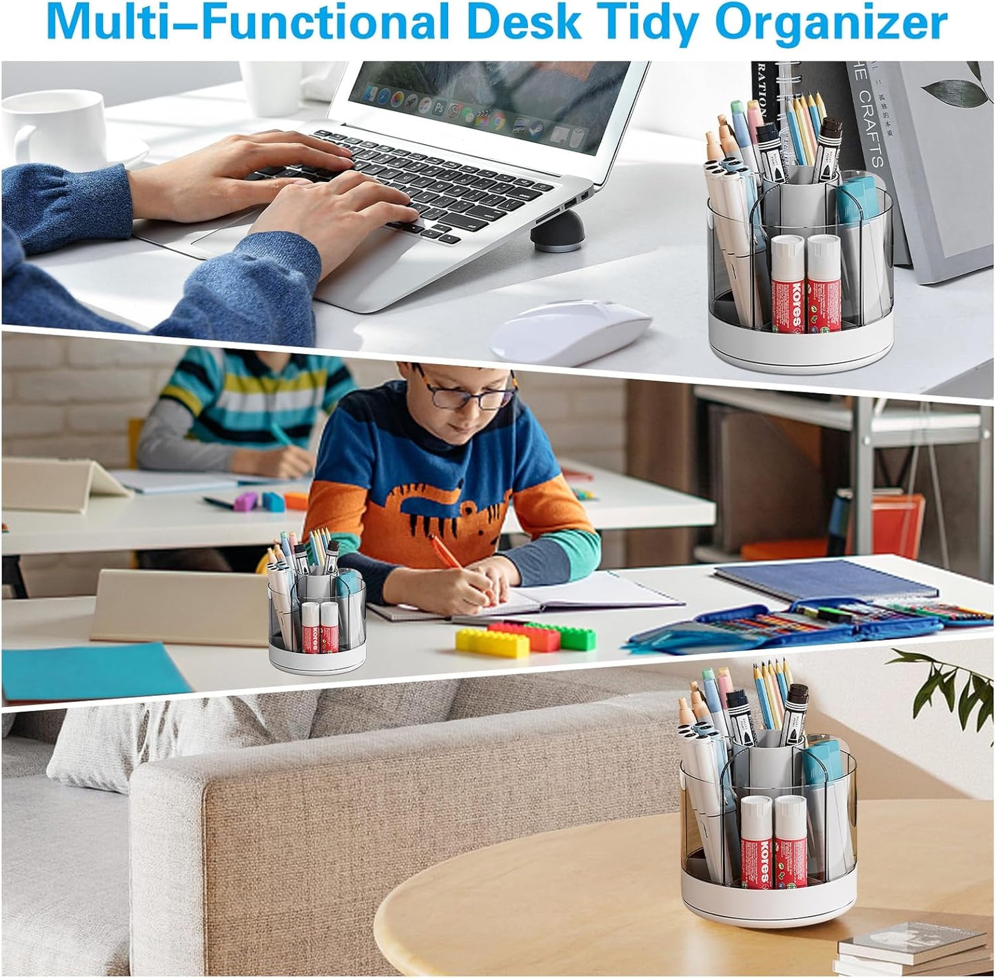 Marte Vanci 360 Degree Rotating Pen Pencil Holder Desk Stationery Organizer Tidy Organizer for Pencil Makeup Painting Brush Cosmetic Craft Storage Bin Pen Pot for Home Office School 6 Slots White
