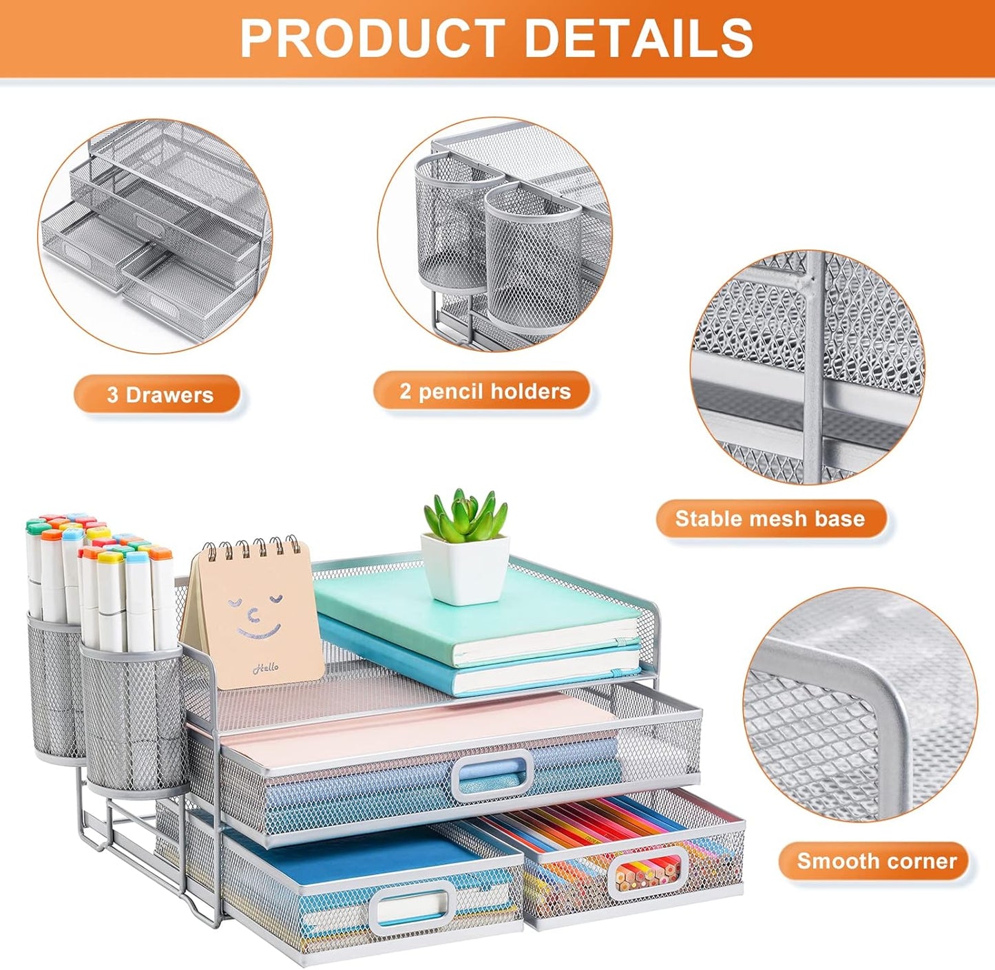 Marbrasse 3 Tier Mesh Desk Organizer with Drawer, Multi-Functional Desk Organizers and Accessories, Paper Letter Organizer with 2 Pen Holder for Home Office Supplies (Black)