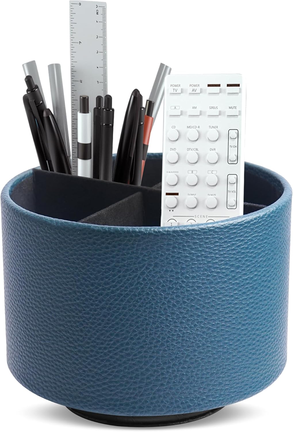 Hennaja Round Leather Art Supply Organizer,Remote Control Holder,360 Degree Rotating,Multi-Functional Pencil Holder,4 Compartments Desktop Stationary Organizer(1-Blue Bird) - Colors A