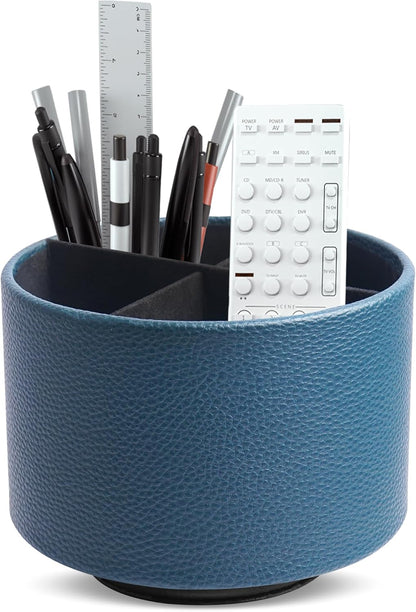 Hennaja Round Leather Art Supply Organizer,Remote Control Holder,360 Degree Rotating,Multi-Functional Pencil Holder,4 Compartments Desktop Stationary Organizer(1-Blue Bird) - Colors A