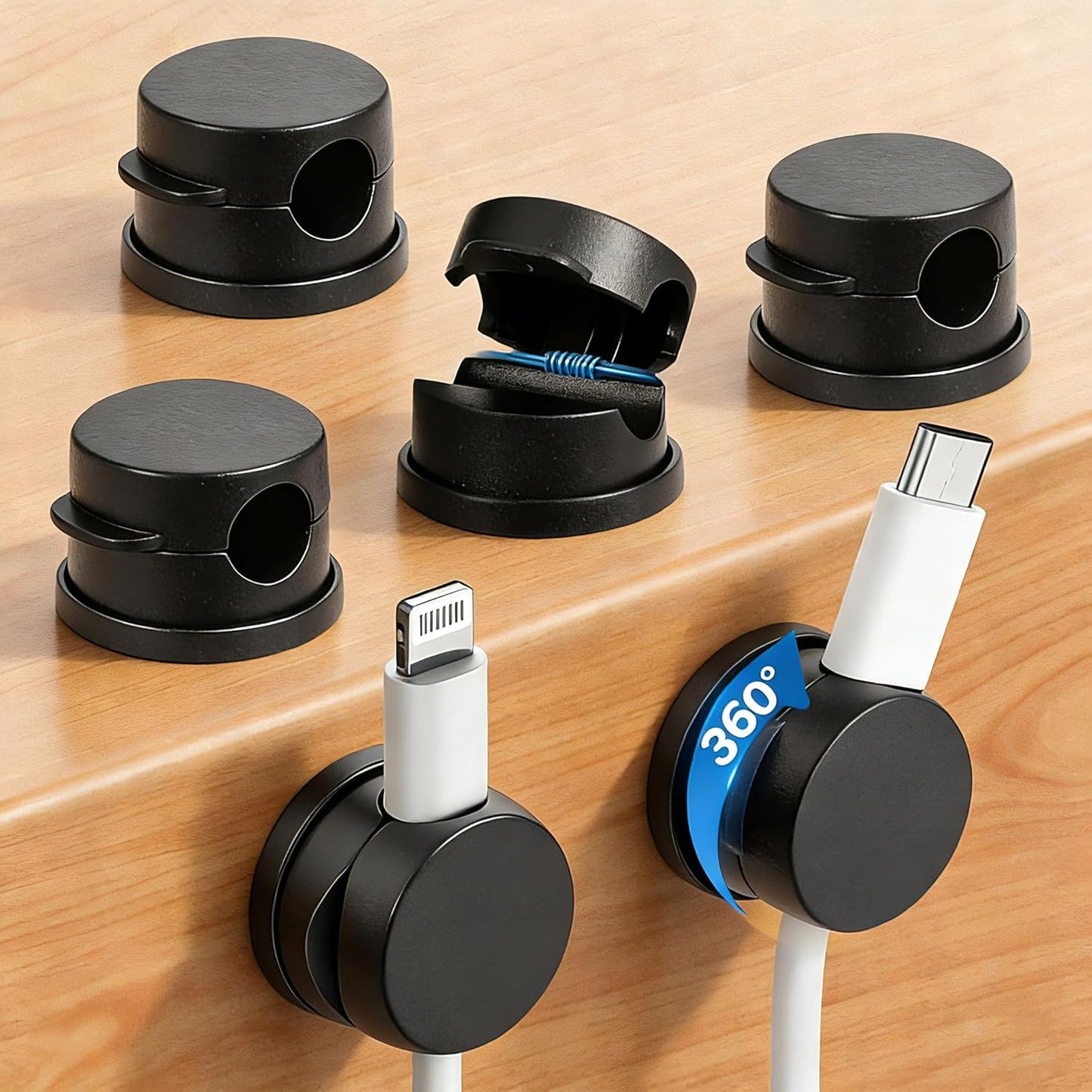 6PC 360° Rotatable Spring Cable Management, Cord Organizer Holder for Desk, Strong Adhesive Cable Clips Desk Accessories, Adjustable Wire Keeper for Nightstand, Home, Office, RV (Black)