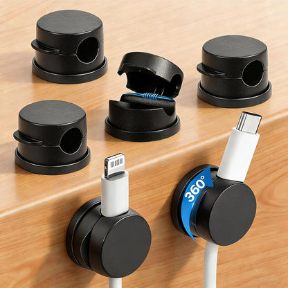 6PC 360° Rotatable Spring Cable Management, Cord Organizer Holder for Desk, Strong Adhesive Cable Clips Desk Accessories, Adjustable Wire Keeper for Nightstand, Home, Office, RV (Black)