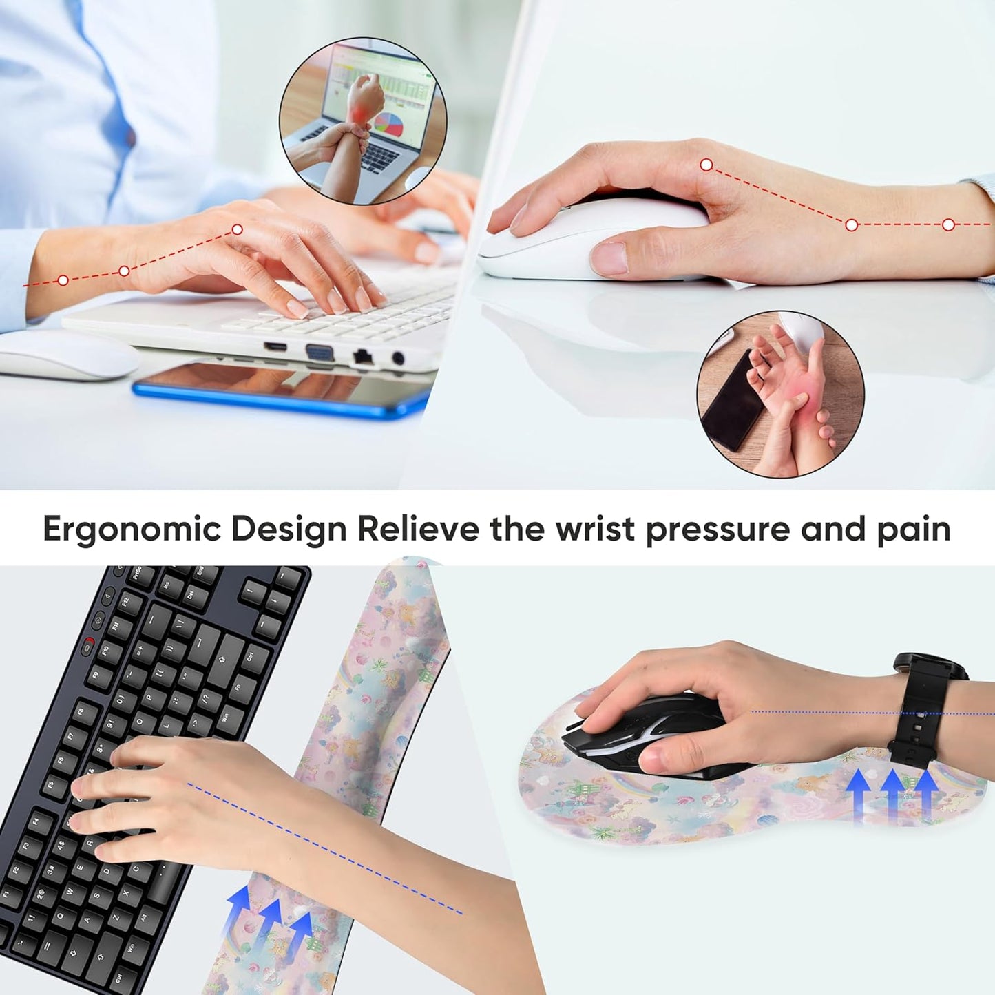 Wrist Rest Support for Mouse Pad Keyboard Set Circle Coaster Gaming Mouse Pad Ergonomic Gel Memory Foam Set for Computer, Laptop, Office, Pain Relief, Comfortably Typing Flowers KM-39