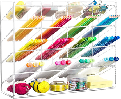 BEYGORM Acrylic Vertical Marker Organizer for 150 Markers with 13 Compartments, Clear Angled Pen & Pencil Holder, Large Desk Stationery & Art Supply Storage for Office & School (10.2 x 9.8 x 4 Inch)